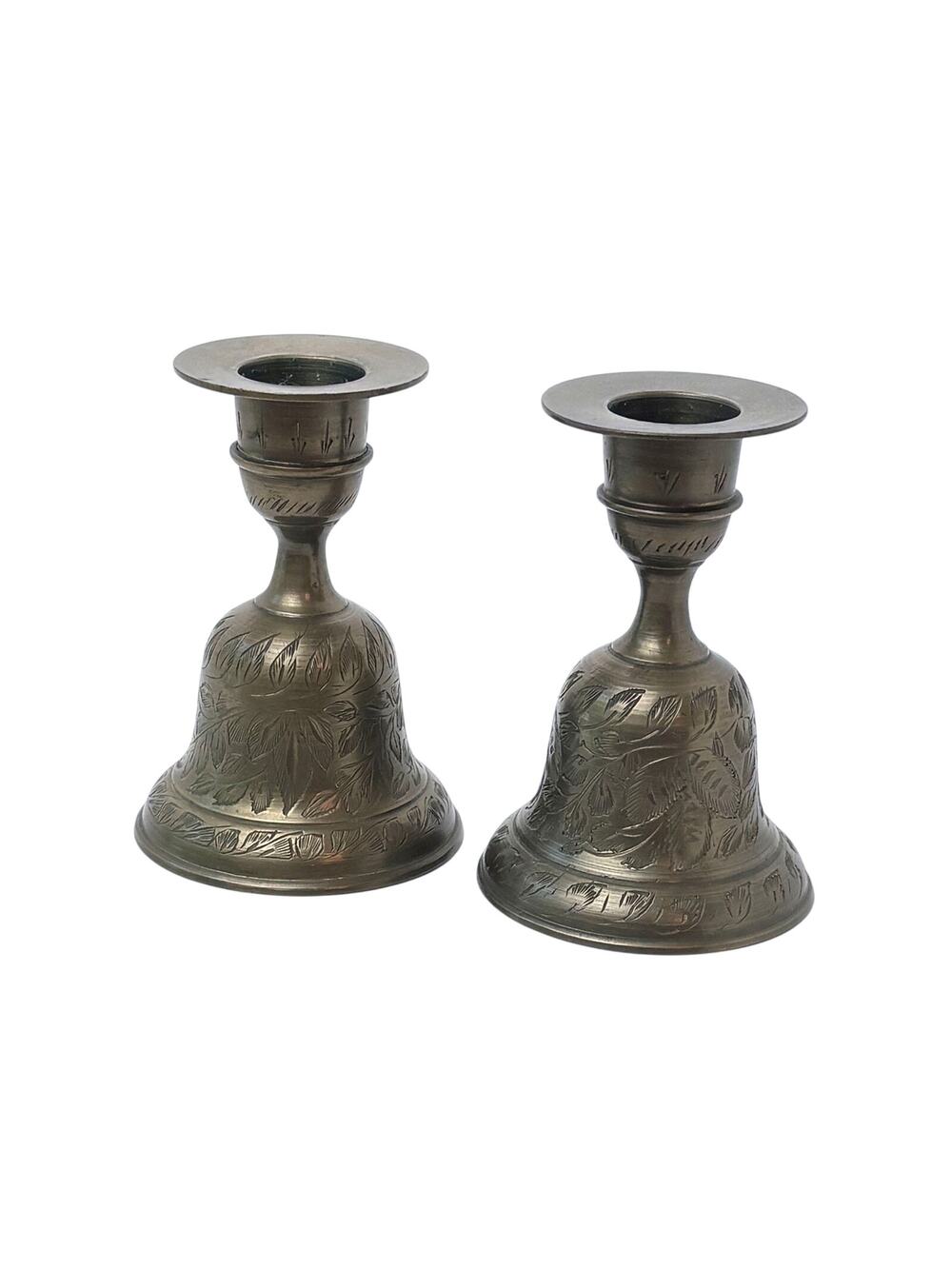 2 Etched Vintage Brass Bell Candleholders 4 in Tall Made In India